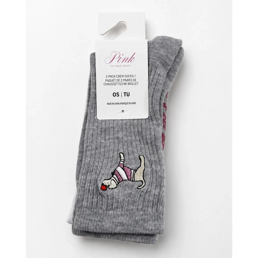 Victoria's Secret PINK Dog Embroidered Crew Socks 2 Pack OS NWT